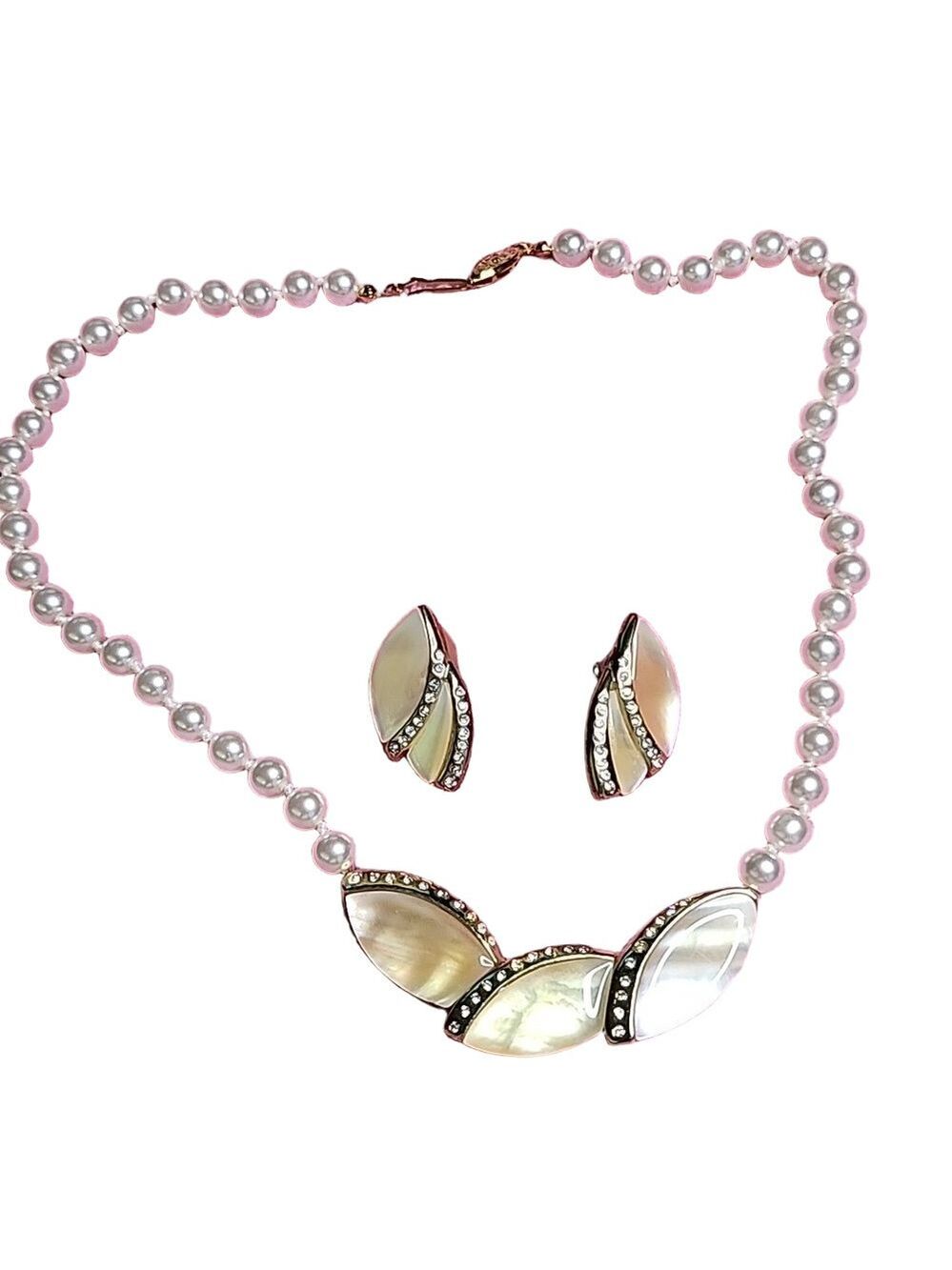 Fifth Avenue Collection Necklace & Earrings Faux Pearl & Abalone Hand Made